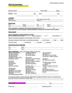 Canal Winchester Local Schools Health Information Form