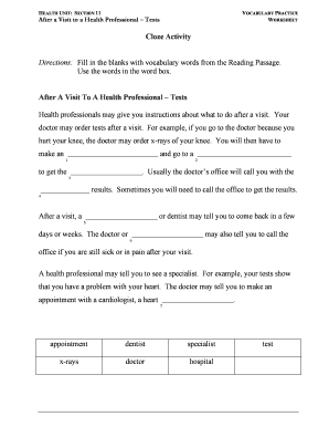 Health Unit Vocabulary Practice Worksheet