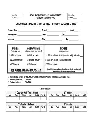 Petaluma City Schools Home/School Transportation Service Fee Schedule