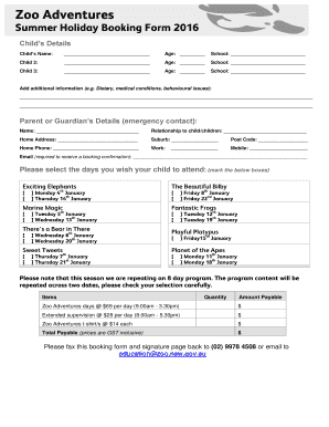 Zoo Adventures Child Booking Form