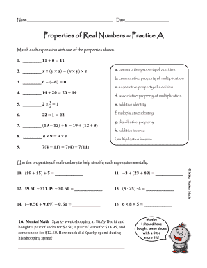 Properties of Real Numbers Practice Worksheet
