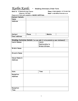 Wedding Stationery Order Form