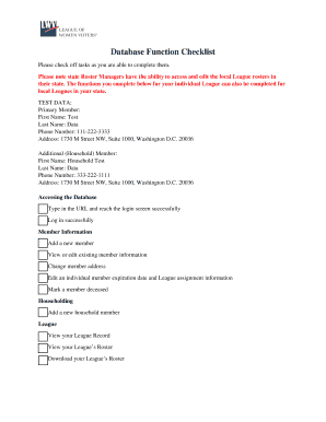 League Member Database Function Checklist