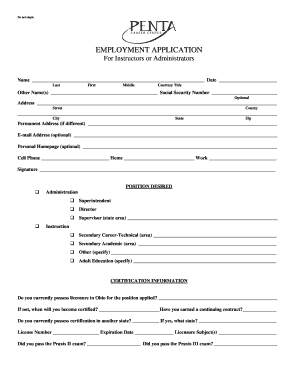 Employment Application for Instructors or Administrators