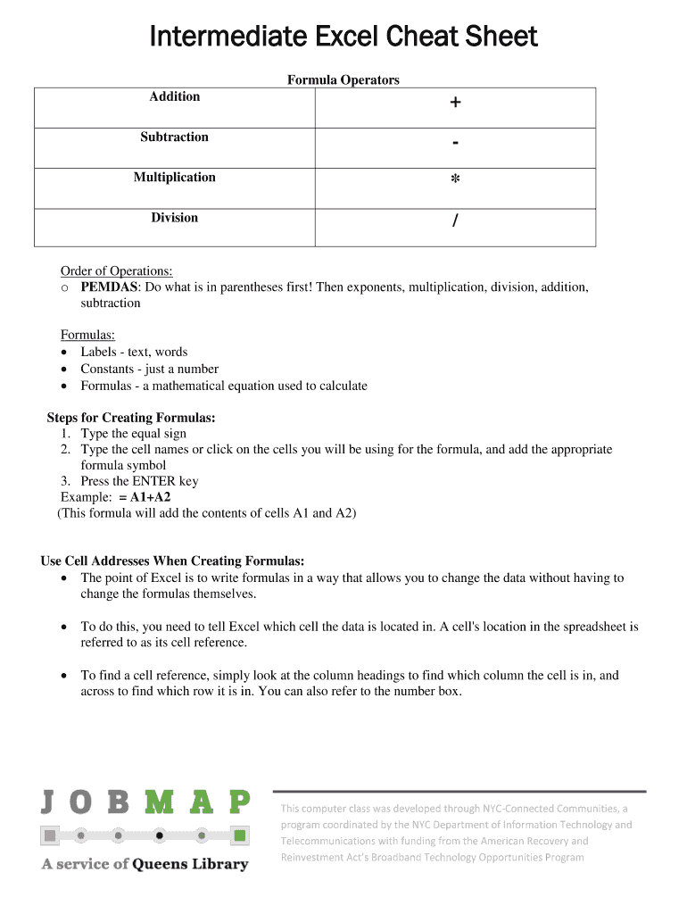 Fillable Online Intermediate Excel Cheat Sheet Fax Email Print - pdfFiller