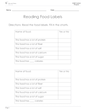 Adult Learner Program Food Label Worksheet