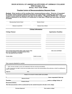 Teacher Letter of Recommendation Request Form