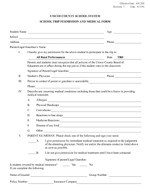 Unicoi County School Trip Permission and Medical Form