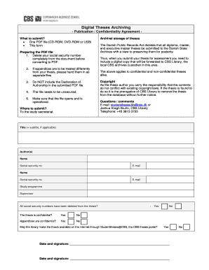 Publication Confidentiality Agreement for Digital Theses