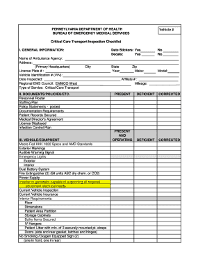 Pennsylvania Critical Care Transport Inspection Checklist