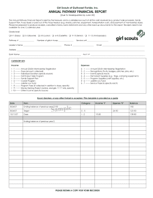 ANNUAL Pathway FINANCIAL REPORT (Due to headquarters by June 30) The Annual Pathway Financial Report is kept by the treasurer, and is a detailed account of all the cash received (e