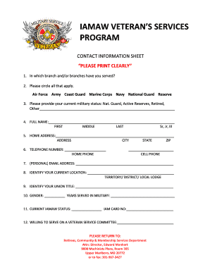 IAMAW Veteran Services Contact Information Sheet