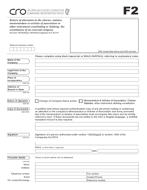 F2 Form - Return of Alteration in Company Constitution