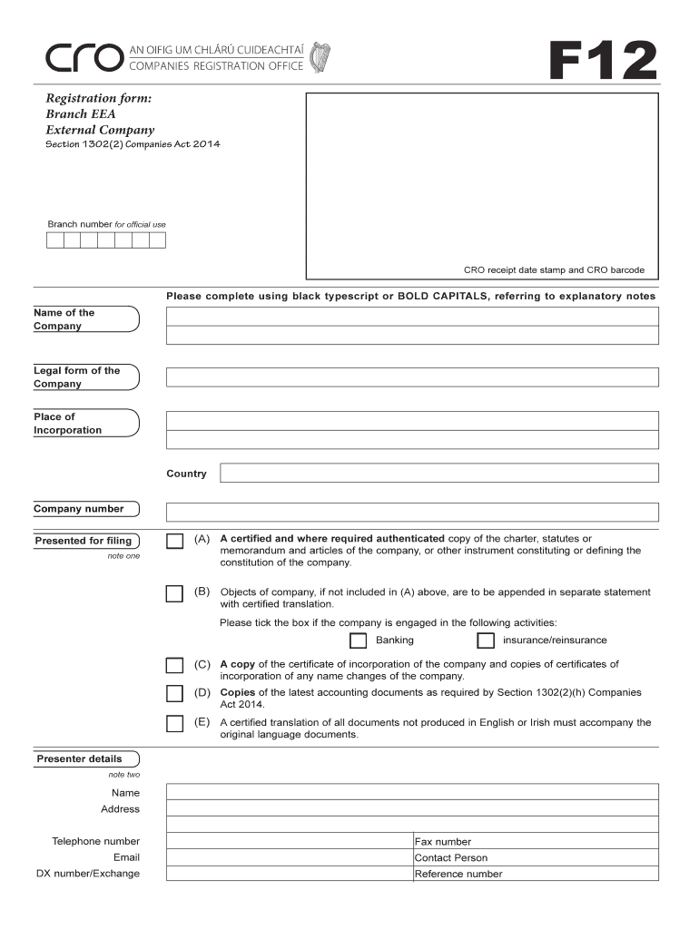 Fillable Online F12 Registration of a Branch EEA external company