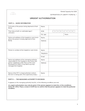 Mental Capacity Act 2005 Deprivation of Liberty Form 1