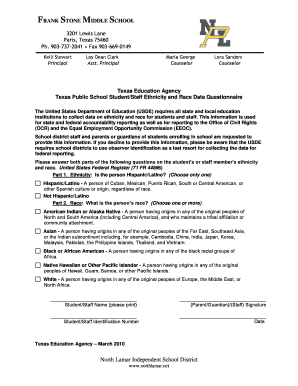 Texas Public School Student/Staff Ethnicity and Race Data Questionnaire