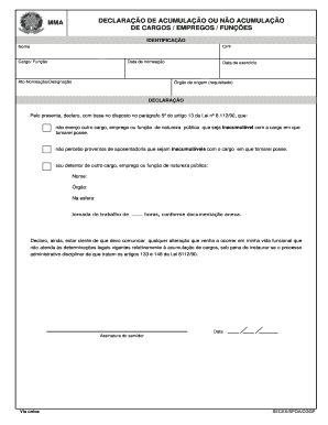 MMA DECLARAÇÃO DE ACUMULAÇÃO OU NÃO ACUMULAÇÃO DE CARGOS / EMPREGOS / FUNÇÕES