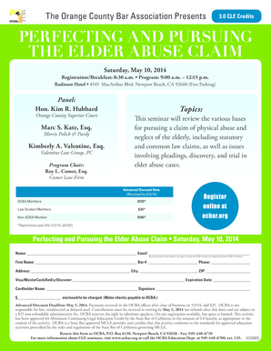 0 CLE Credits PERFECTING AND PURSUING THE ELDER ABUSE CLAIM Saturday, May 10, 2014 Registration/Breakfast: 8:30 a - ocbar