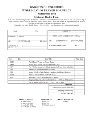 Knights of Columbus Material Order Form