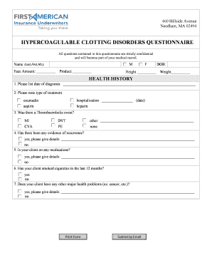 Hypercoagulable Clotting Disorders Questionnaire