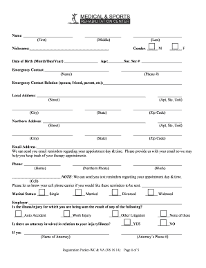 Patient Registration Packet for Medical & Sports Rehabilitation Center