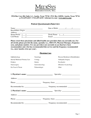 Patient Healthcare Providers Questionnaire