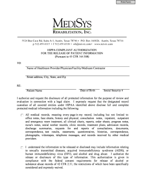 Print Form HIPPA COMPLIANT AUTHORIZATION FOR THE RELEASE OF PATIENT INFORMATION (Pursuant to 45 CFR 164