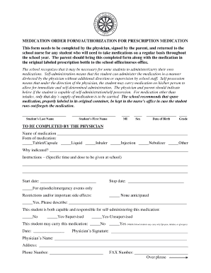 Medication Order Form/Authorization for Prescription Medication