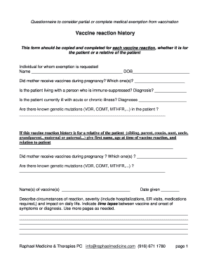 Vaccine Reaction History Form
