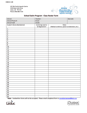 School Swim Program - Class Roster Form