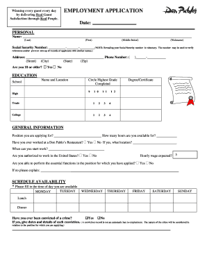 Don Pablo's Restaurant Employment Application