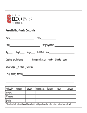 Personal training service agreement - Personal Training Information Questionnaire - Kroc Center SD - sd kroccenter