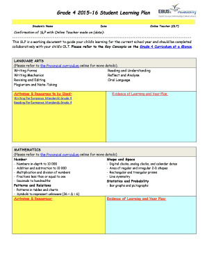 Grade 4 Student Learning Plan