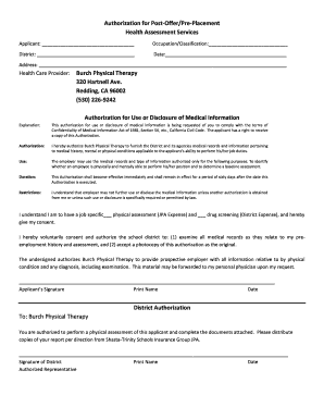 Authorization for Post-Offer Health Assessment