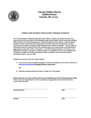 Parent and Student Head Injury Training Affidavit