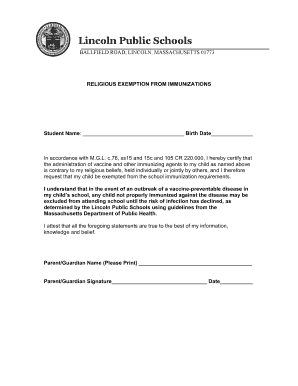 Religious Exemption from Immunizations Form