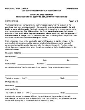 Cub Scout/Webelos Scout Resident Camp Youth Release Request