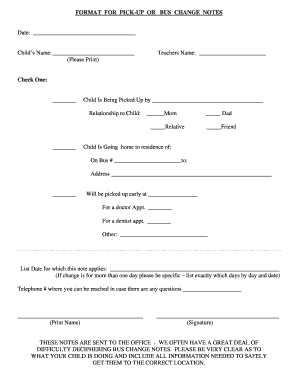 School Bus Change or Pick-Up Notes