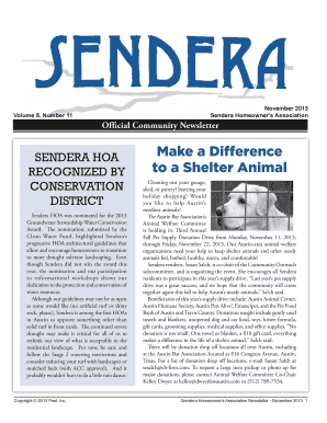 Sendera Volume 8, Number 11 November 2013 Sendera Homeowner 's Association Official Community Newsletter SENDERA HOA RECOGNIZED BY CONSERVATION DISTRICT Sendera HOA was nominated for the 2013 Groundwater Stewardship Water Conservation Award