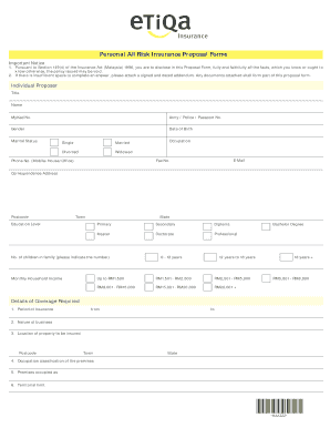 Personal All Risk Insurance Proposal Form