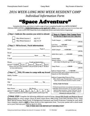 Pennsylvania Dutch Council Camp Mack Boy Scouts Registration Form