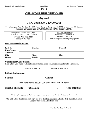 Cub Scout Resident Camp Deposit Form