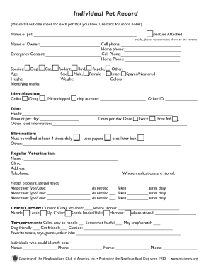 Individual Pet Record Form