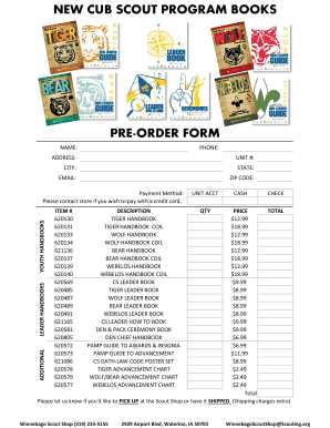 Cub Scout Program Books Pre-Order Form