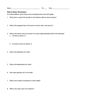 Mole and Molar Mass Worksheet