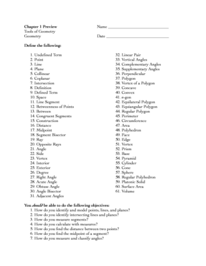 Geometry Terms and Objectives Worksheet