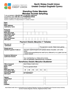 North Wales Credit Union Standing Order Mandate