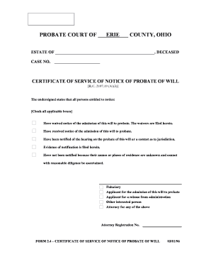 Certificate of Service of Notice of Probate of Will