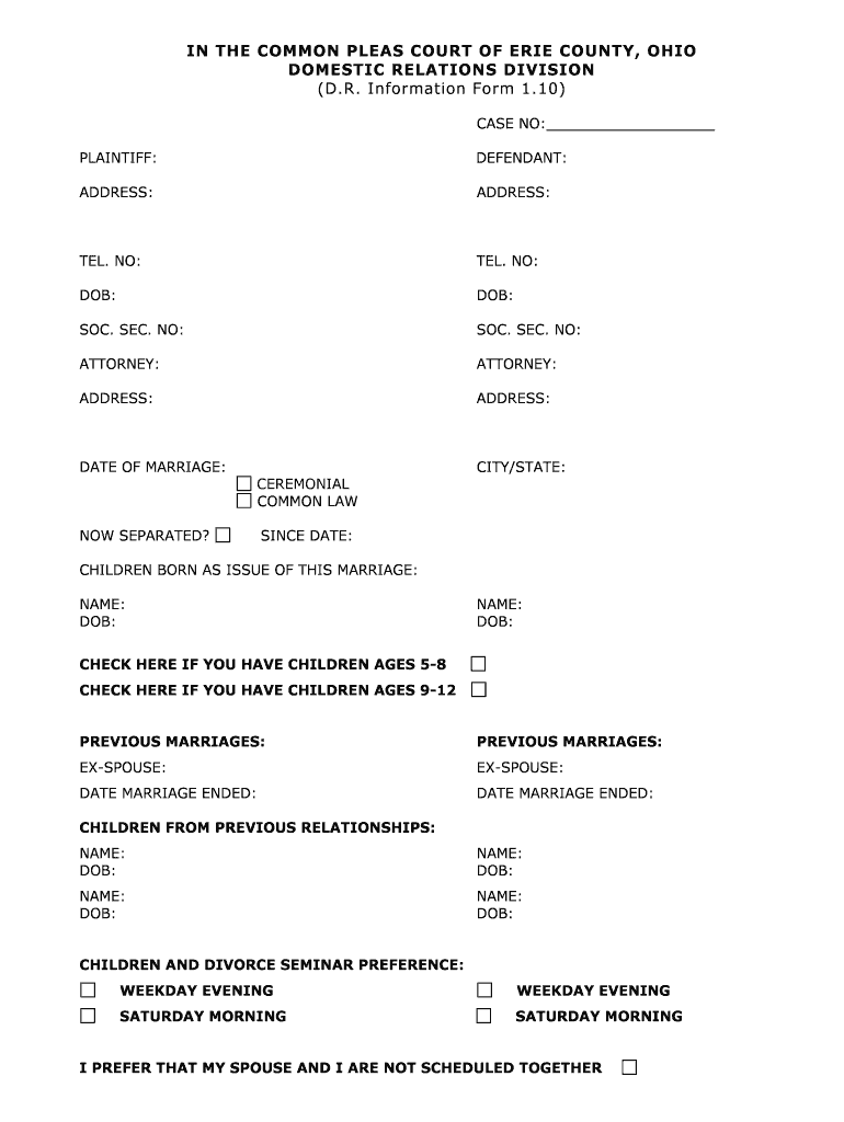 Fillable Online IN THE COMMON PLEAS COURT OF ERIE COUNTY OHIO DOMESTIC