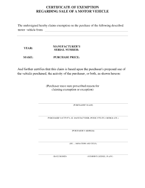 Certificate of Exemption for Motor Vehicle Sale